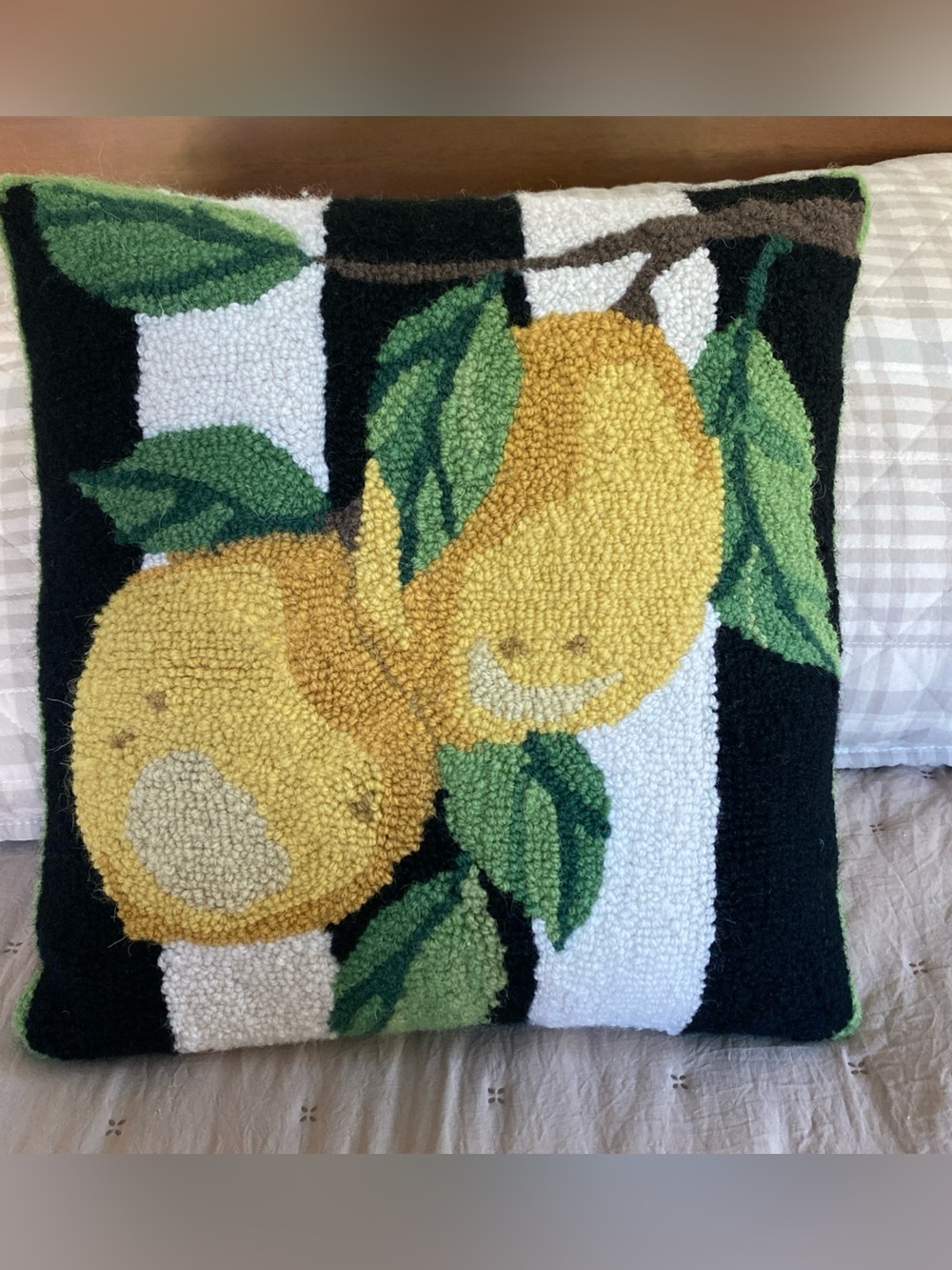 Peking Handicraft Lemon Branch Hooked Wool Pillow by Sally Eckman Roberts 16x16”